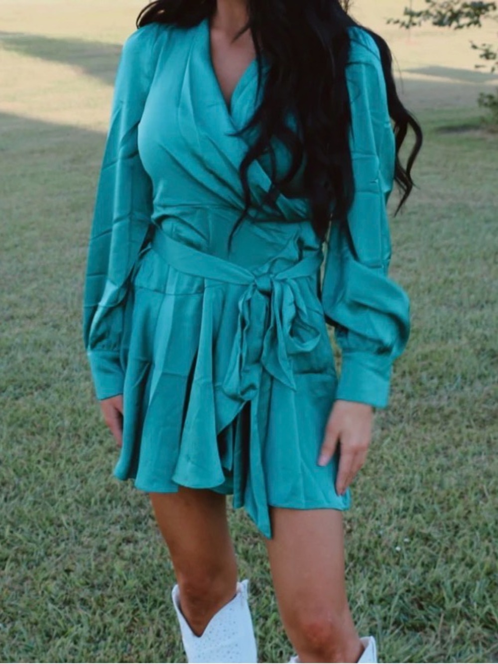 Teal Long-Sleeve Wrap Mini Dress with Tie Waist